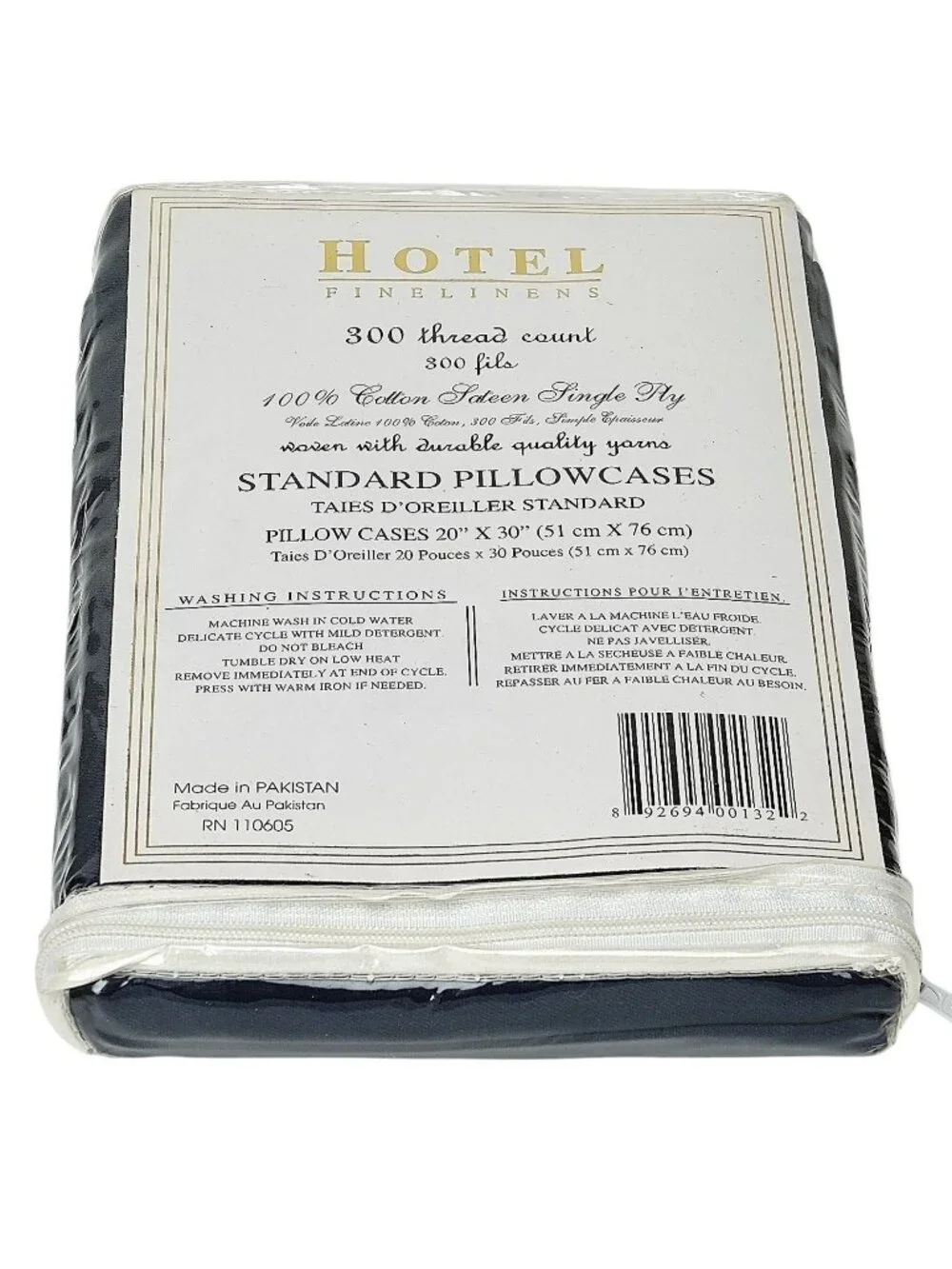 Hotel Fine Linens Pair of Pillowcases Navy Blue 100% Cotton Sateen NWT